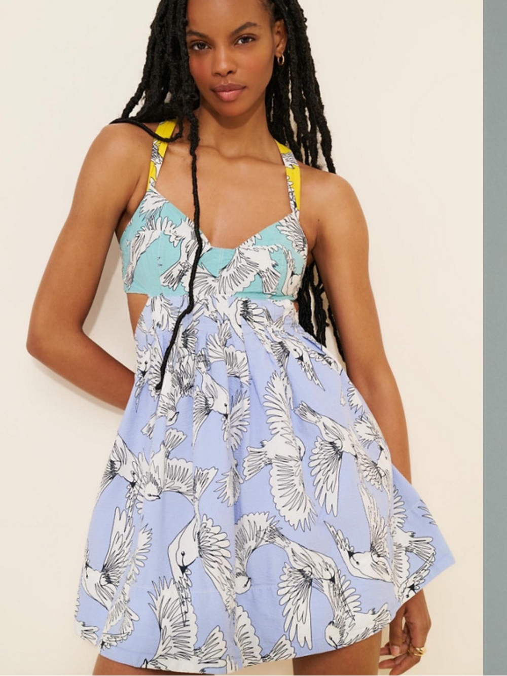 NWOT Maeve Anthropologie Blue & Mint Bird-Print Tie-Back Mini Dress 8
